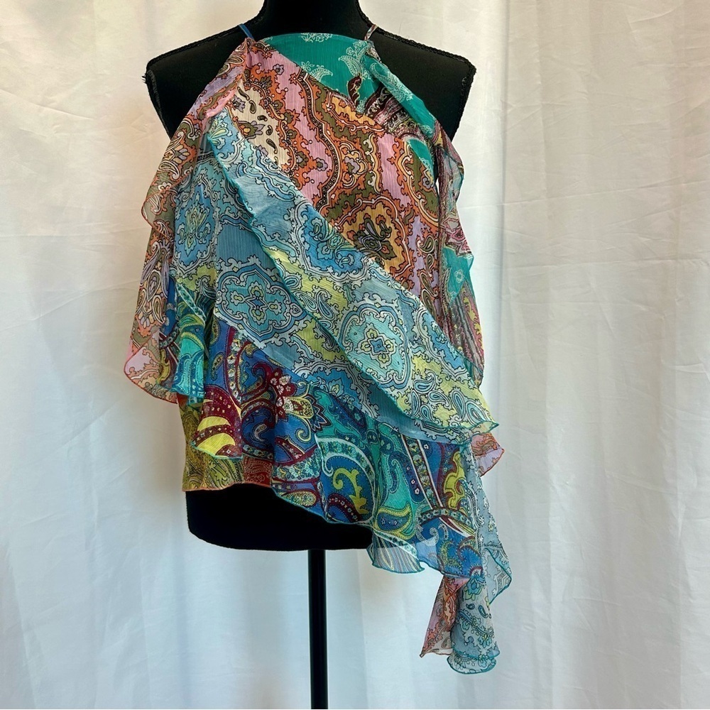 Zara patchwork ruffle frill off the shoulder asymmetrical halter top blouse XS